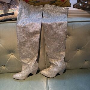 Silver Rhinestone Knee-High Boots 6/36